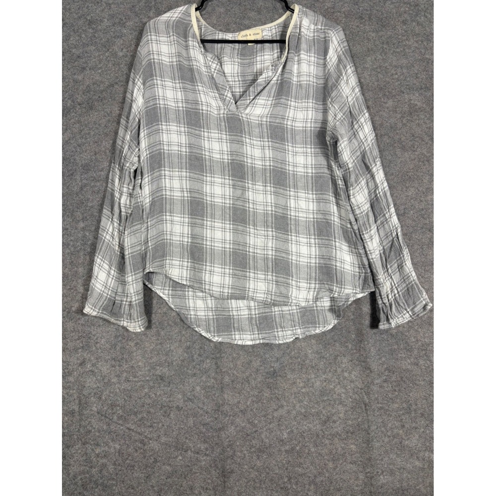Cloth & Stone Gray White Plaid V Neck Long Sleeve Tunic Blouse Shirt Women's L